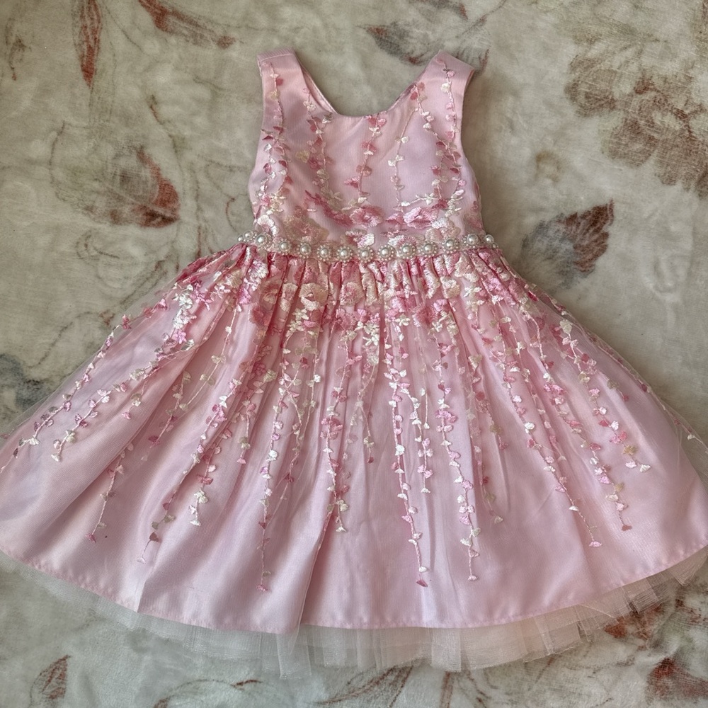 American Princess Dress with Floral Embroidery and Pearl Details - 2T